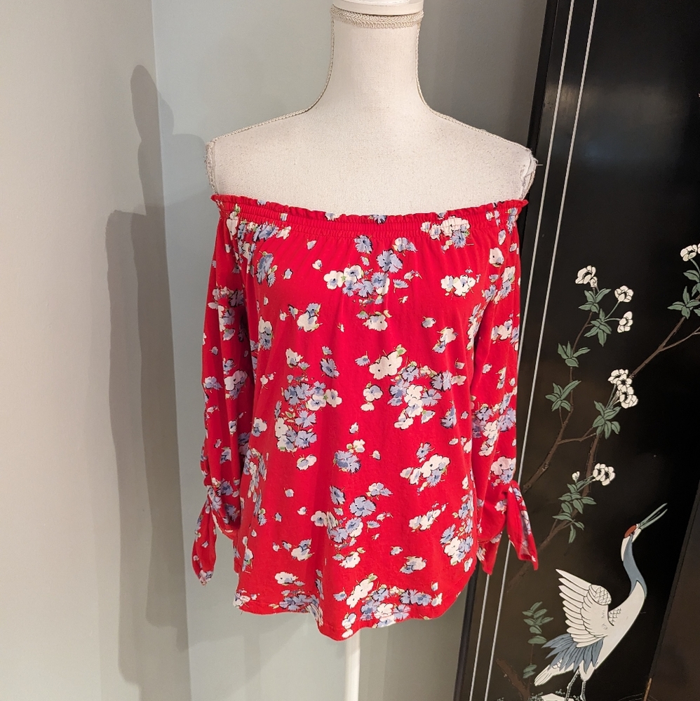 Lauren Ralph Lauren Womens Small Red Floral OffThe Shoulder Blouse Tie 3/4SLV 96
